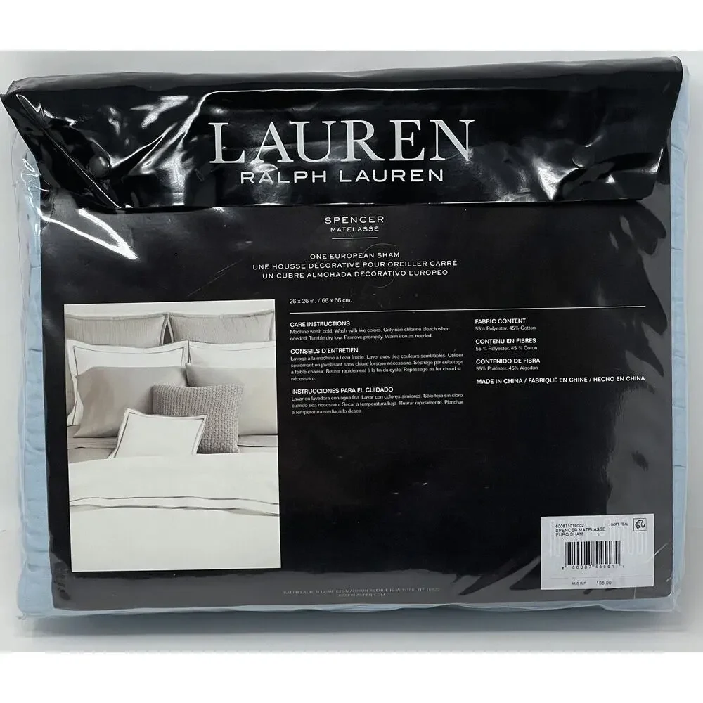 Ralph Lauren Spencer Matelasse Euro Sham Soft Teal 26” X 26” Quilted NIP (1)